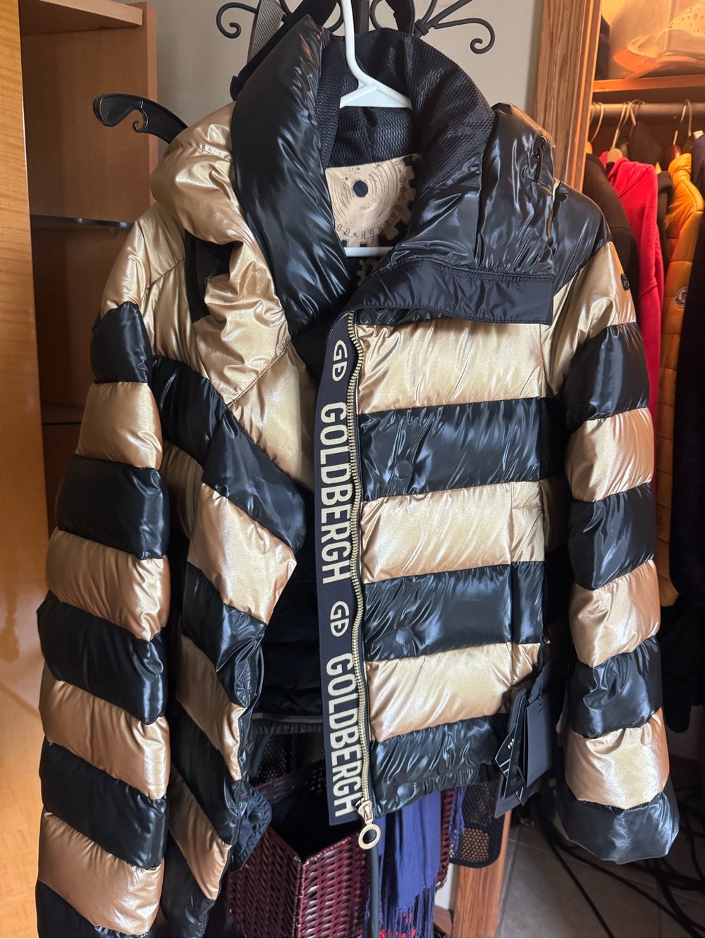 Goldbergh Black and Metallic Gold Chevron Puffer Jacket